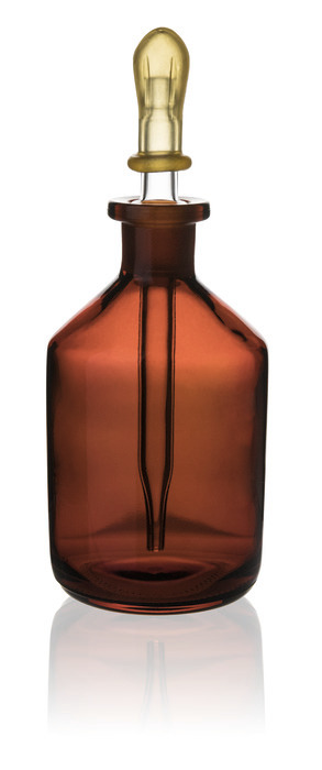 Dropping bottle, soda-lime glass, amber, with dropping pipette and rubber cap