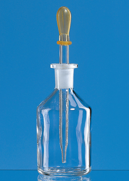 Dropping bottle, soda-lime glass, clear, with dropping pipette and rubber cap
