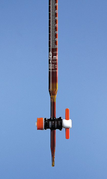 Burettes, SILBERBRAND, class B, Boro 3,3, amber, straight stopcock, PTFE key