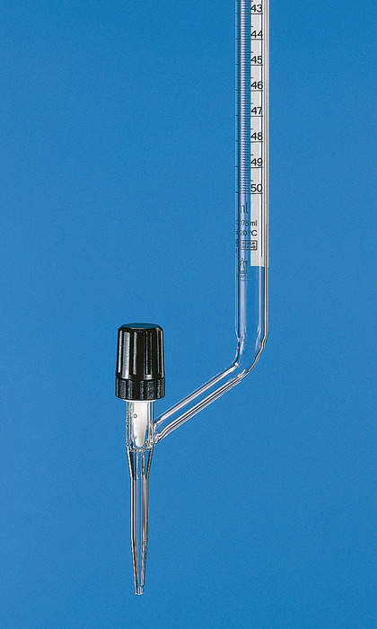 Burettes, SILBERBRAND, class B, Boro 3,3, lateral valve cock, black Schellbach stripe