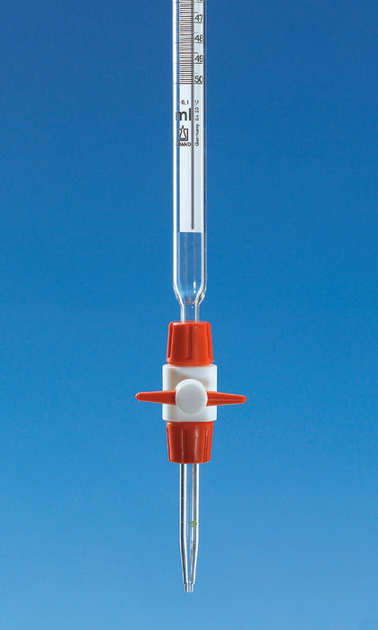 Compact-Burettes, SILBERBRAND, class B, Boro 3,3, with PTFE stopcock, black Schellbach stripe