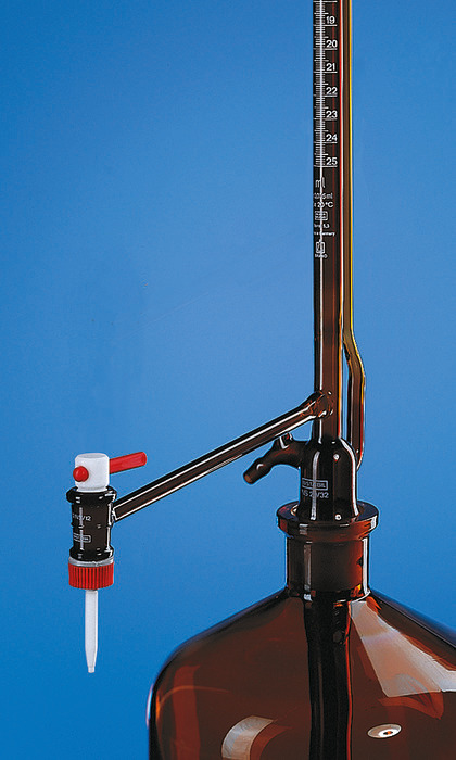 Automatic burettes Pellet pattern, SILBERBRAND, class B, amber, lateral stopcock, PTFE key