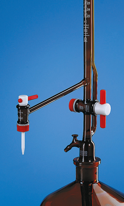 Automatic burettes Pellet pattern, SILBERBRAND, class B, amber, with intermediate stopcock, lateral stopcock, PTFE key