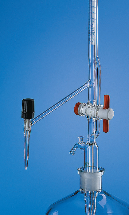 Automatic burettes Pellet pattern, BLAUBRAND®, class AS, DE-M, with intermediate stopcock, PTFE key, lateral valve cock, blue Schellbach stripe