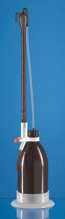 Automatic burettes Schilling pattern, SILBERBRAND, amber, class B, Boro 3,3, PE-Bottle