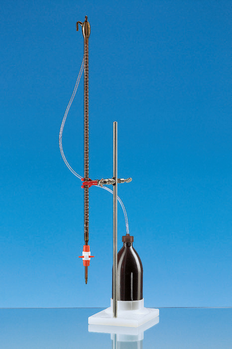 Compact-Automatic burettes, BLAUBRAND®, amber, class AS, Boro 3,3, DE-M, white printed scale, PE-Bottle