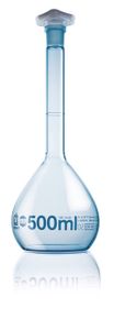 Volumetric flasks, BLAUBRAND®, class A, DE-M, Boro 3,3, with PP stopper, PURprotect, ISO batch certificate
