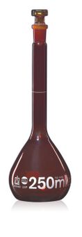 Volumetric flasks, BLAUBRAND®, class A, DE-M, Boro 3,3, with glass stopper, amber, ISO batch certificate