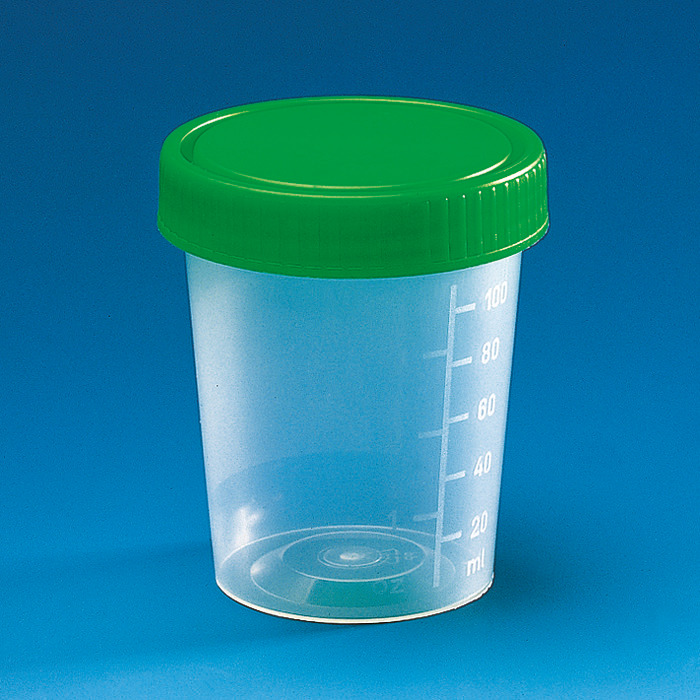 Urine beaker, PP, with screw cap PE (green), CE-IVD