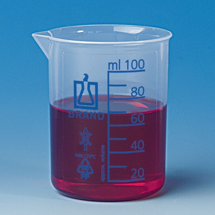 Beakers, short form, PP, blue printed scale, with spout