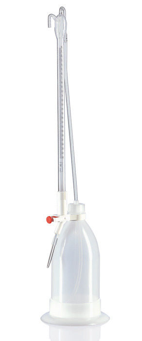 Automatic burettes Schilling pattern, SILBERBRAND, class B, Boro 3,3, black Schellbach stripe, PE-LD-Bottle