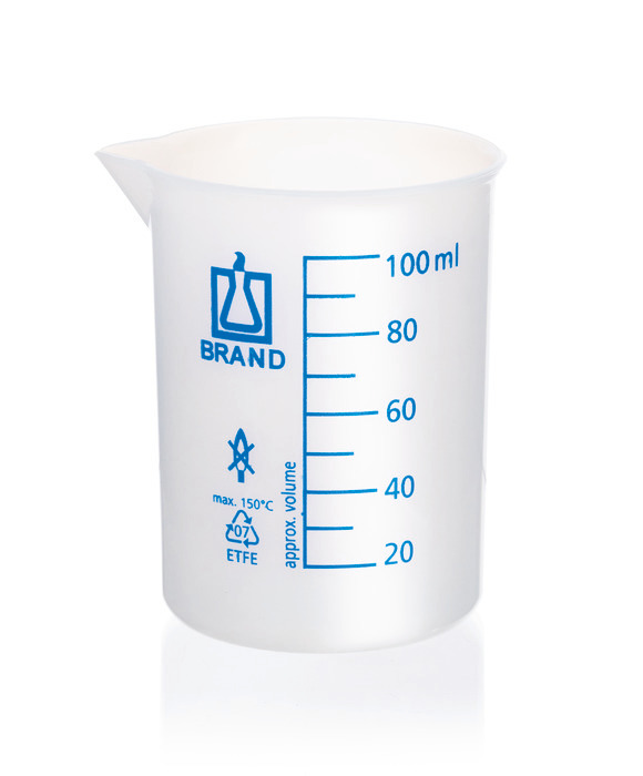 Beakers, short form, ETFE, blue printed scale, with spout