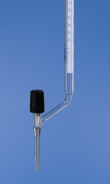 Burettes, BLAUBRAND®, class AS, Boro 3,3, DE-M, lateral valve cock, blue Schellbach stripe