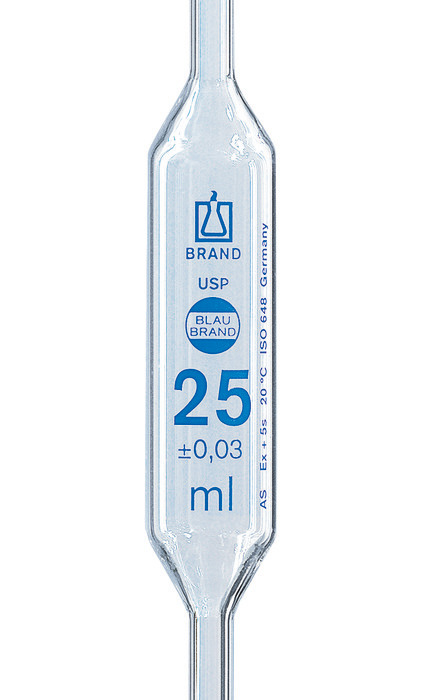 Bulb pipettes USP, BLAUBRAND®, class AS, 1 mark, AR-GLAS®, blue printed scale, DE-M, USP batch certificate