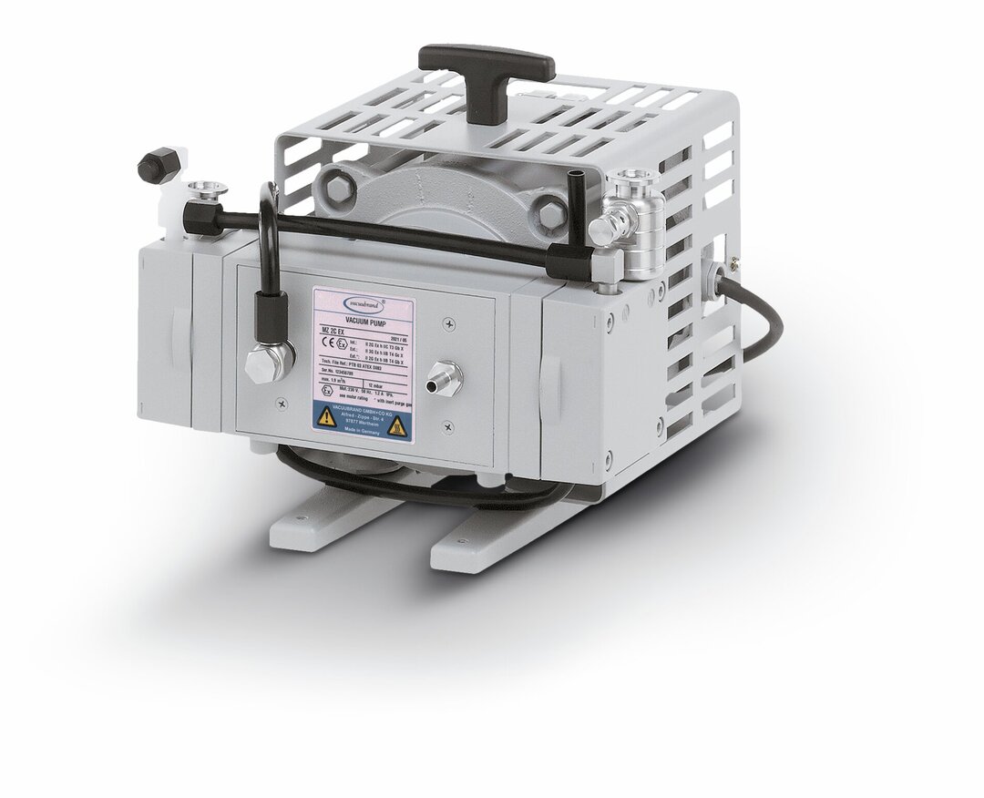 Chemistry diaphragm pump MZ 2C EXtwo stage, 230 V / 50 Hzwith ATEX approval:pumping chamber (pumped gases):II 2G Ex h IIC T3 Gb Xenvironment (without inert purge gas):II 3G Ex h IIB T4 Gc Xenvironment (with inert pur
