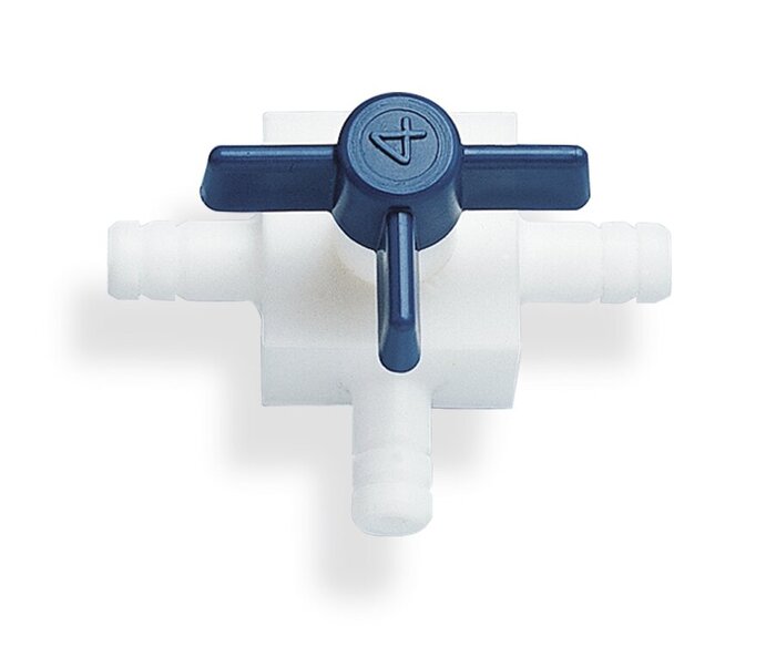Stopcocks, PTFE, three-way, With nozzles