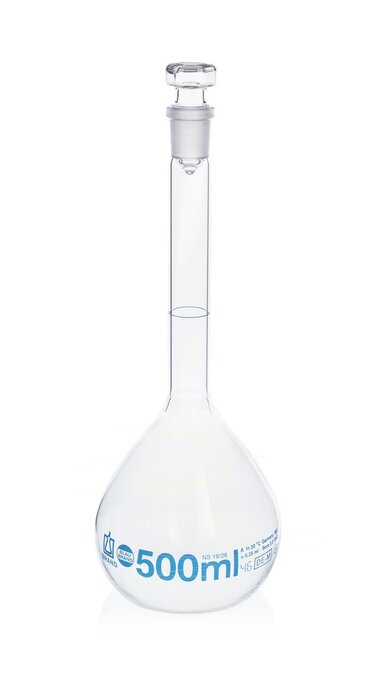 Volumetric flasks, BLAUBRAND®, class A, DE-M, Boro 3,3, with glass stopper, ISO batch certificate